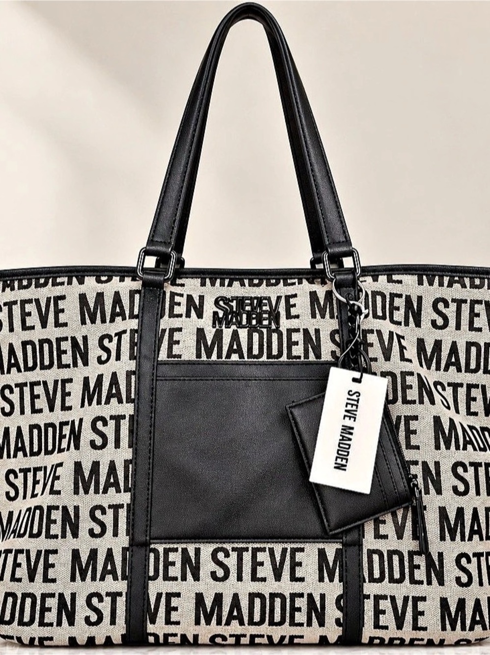 Steve Madden Logo Print Tote Bag Black & Cream NWT 2 fer bag with wallet see pho